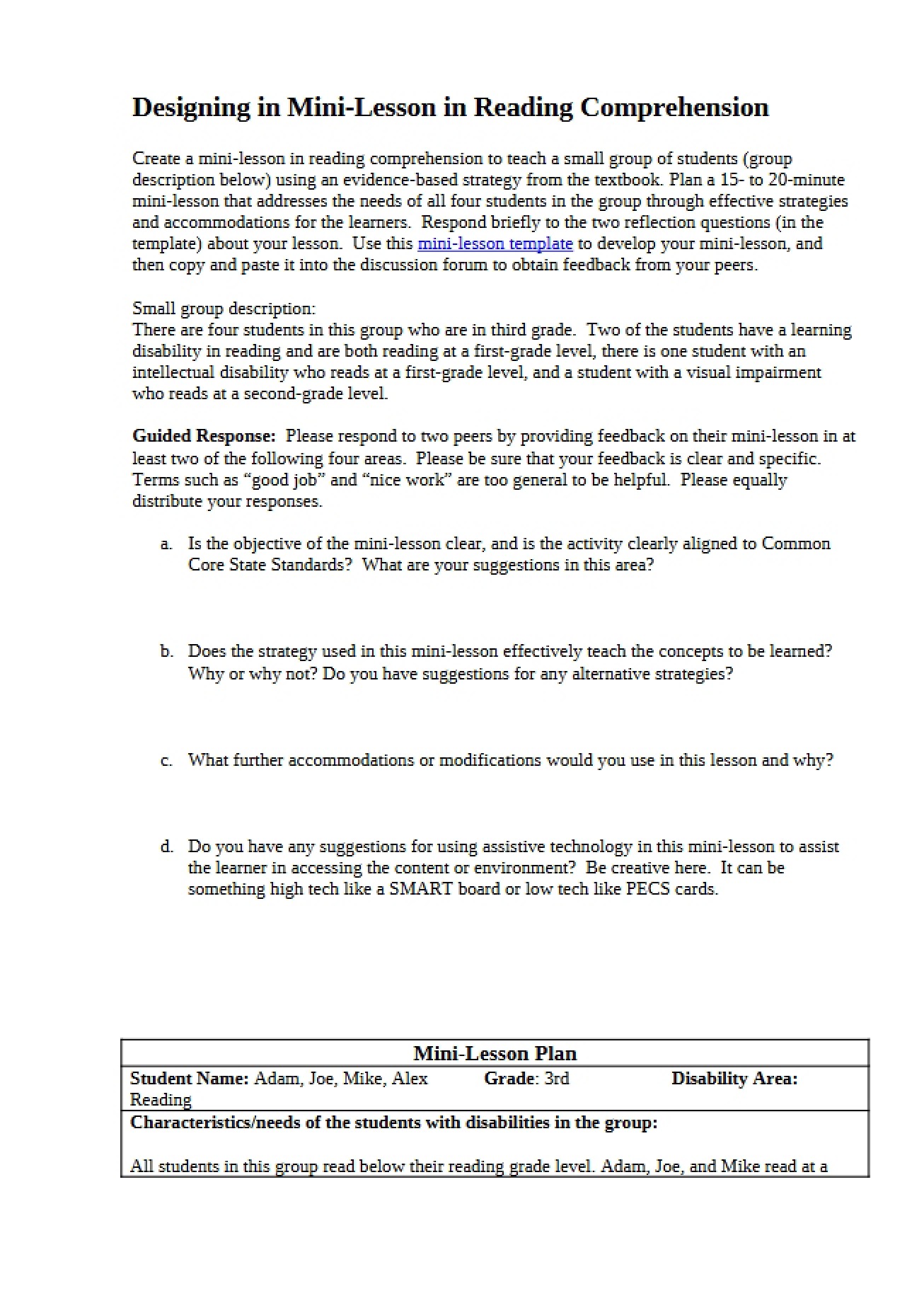 Reading Comprehension Mini-Lesson Design