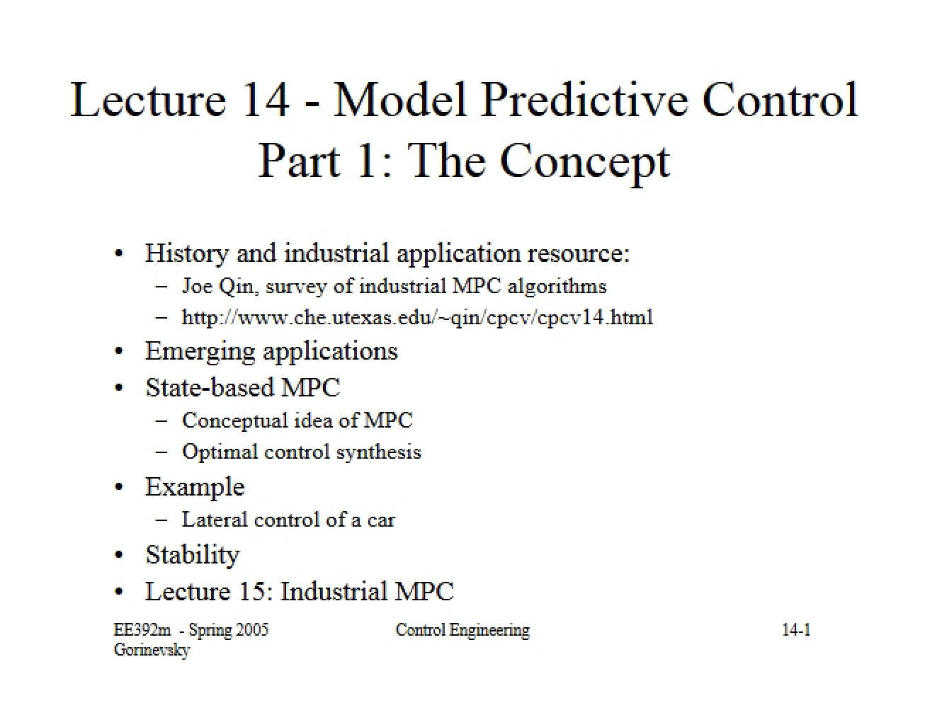 Fourteenth Lecture Model Predictive Control