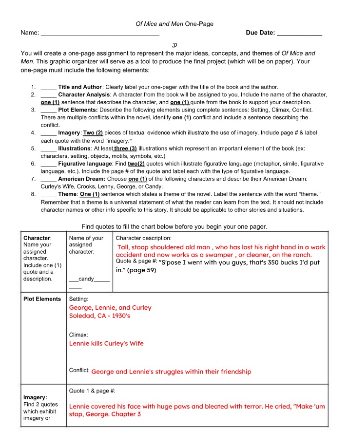 Graphic Organizer for Of Mice and Men One-Page Assignment