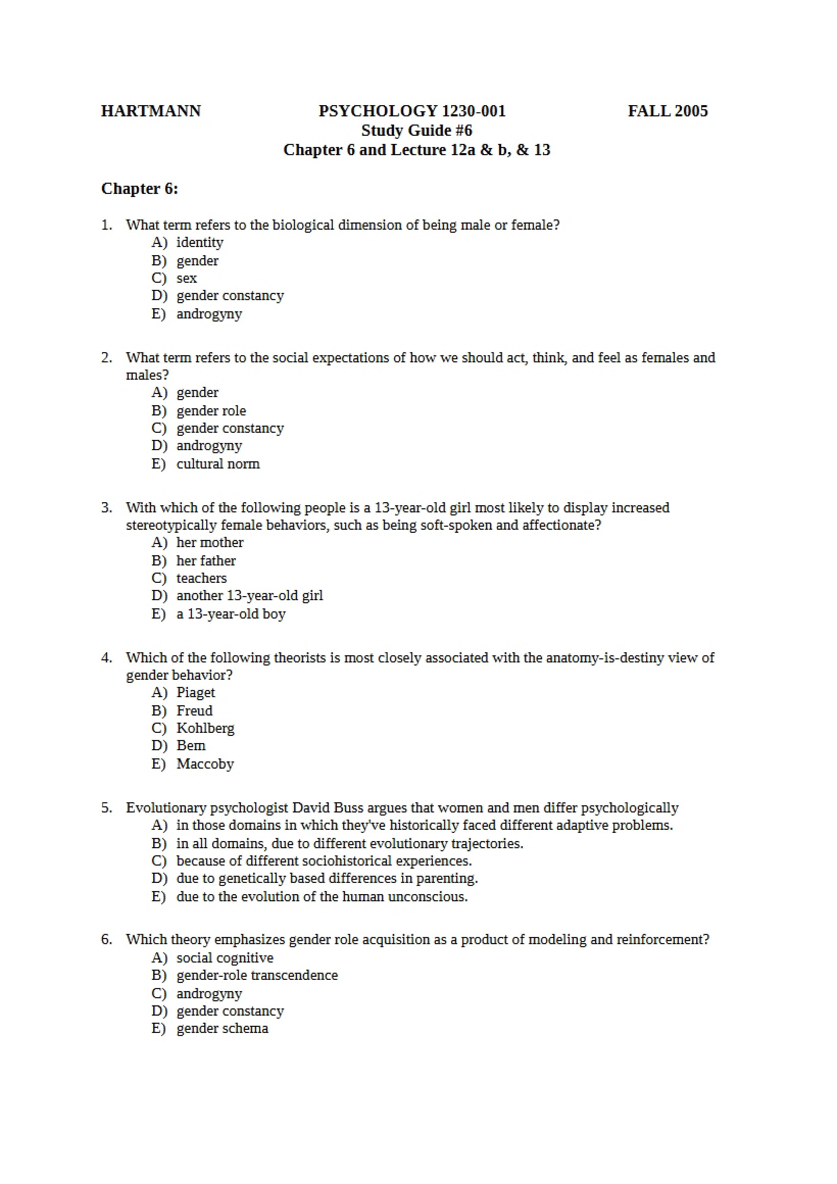 Study Guide Six Psychology 1230