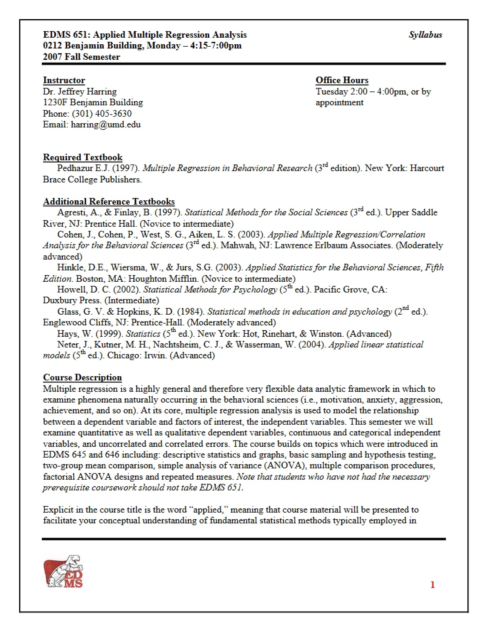 Multiple Regression Syllabus