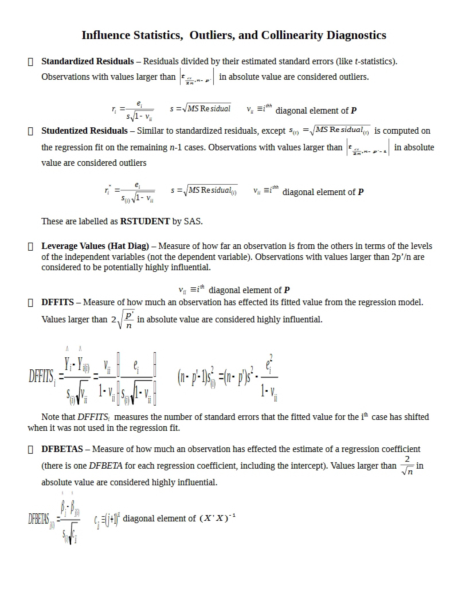 Collinearity Diagnostics, Outliers, and Influence Statistics