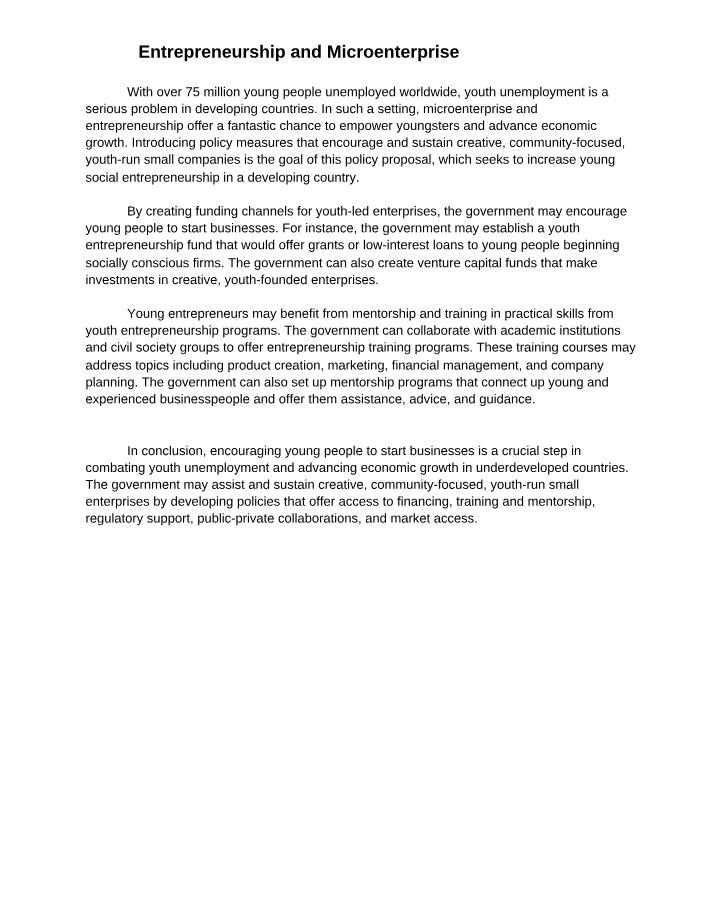 Microenterprise and Entrepreneurship Policy Proposal
