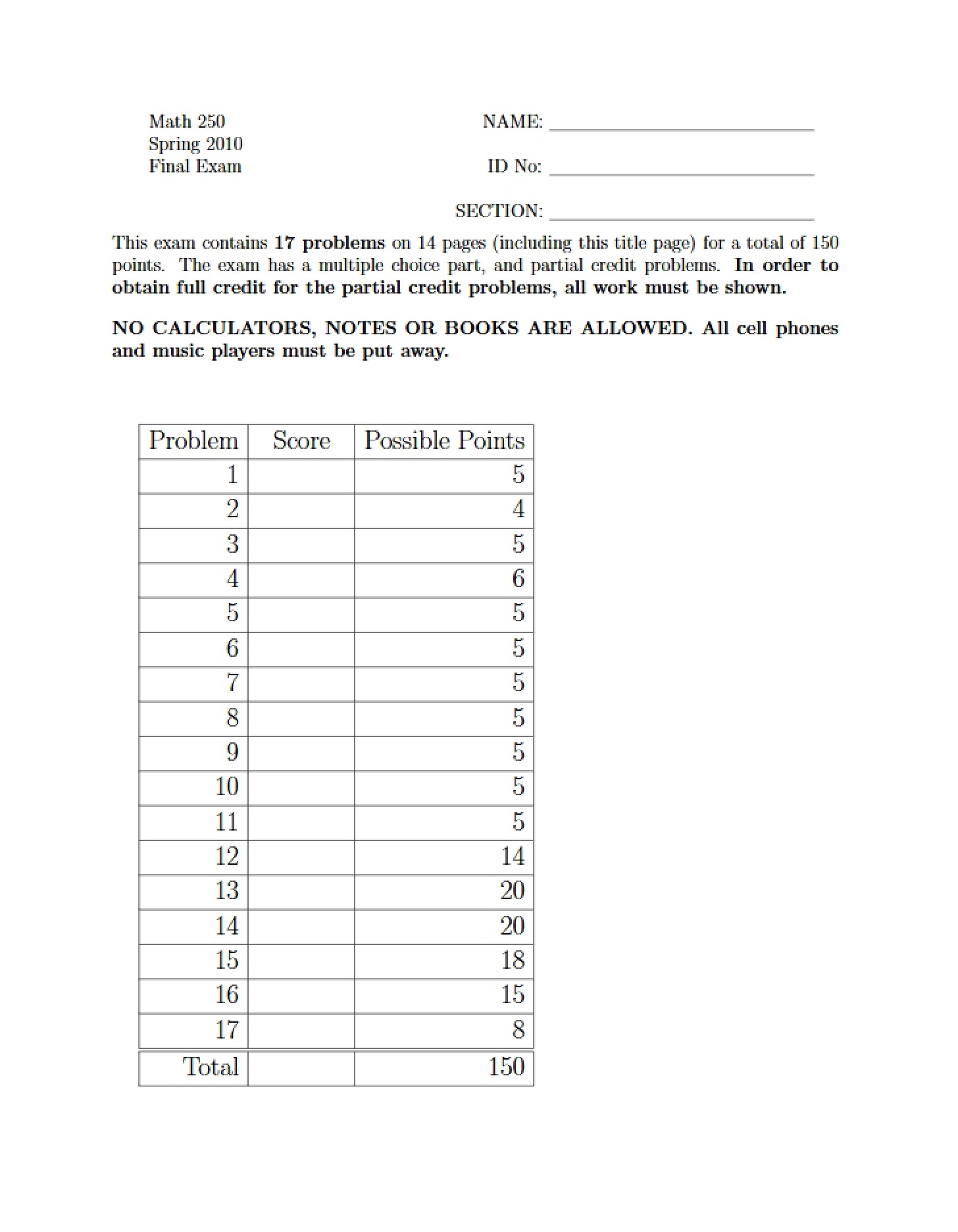 Final Assessment Spring 2010 Math 250