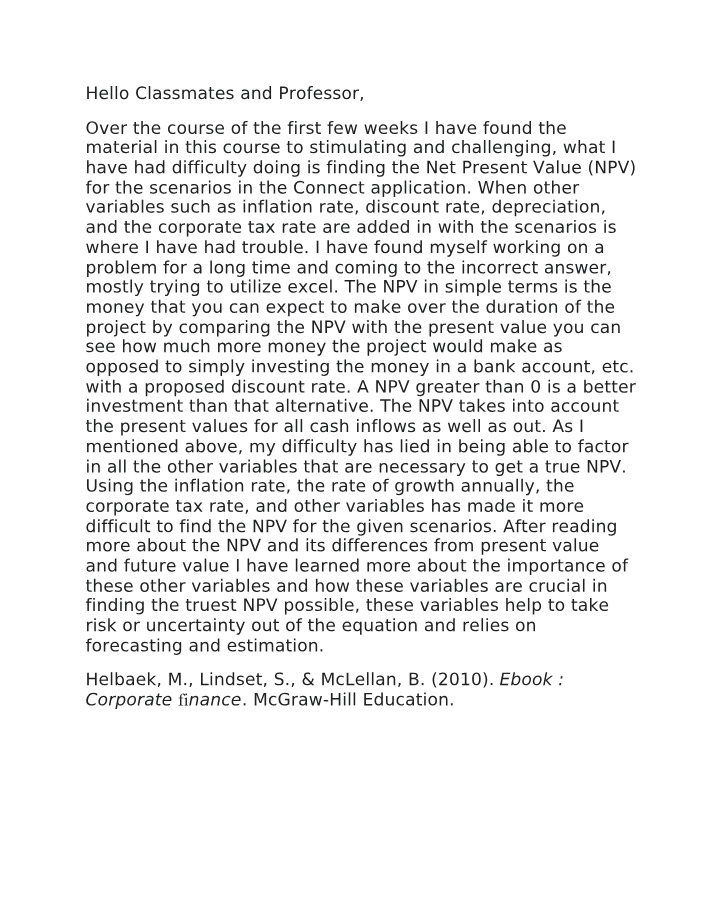FINC 600 Week 4 Forum Response