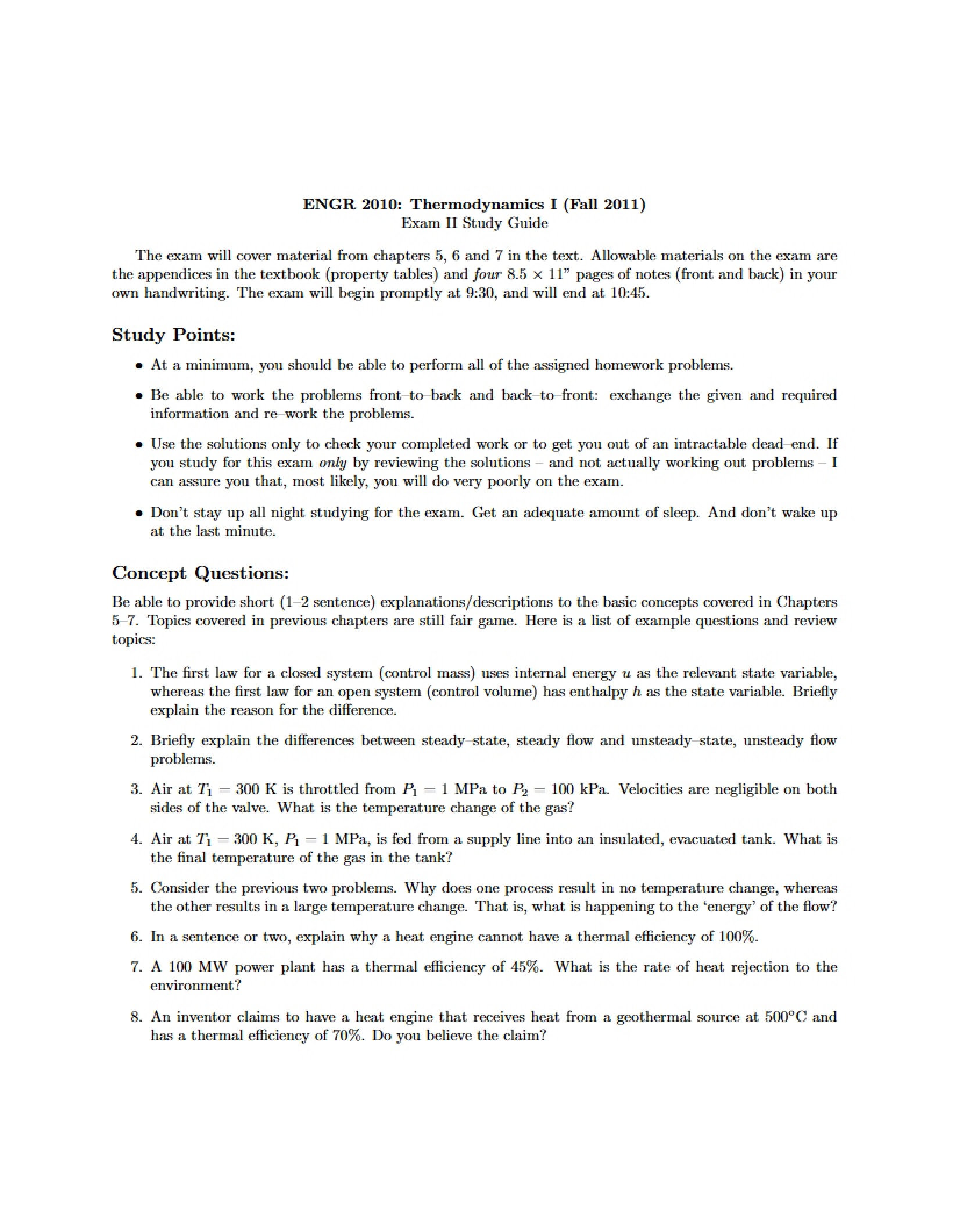 Study Guide for Exam Two