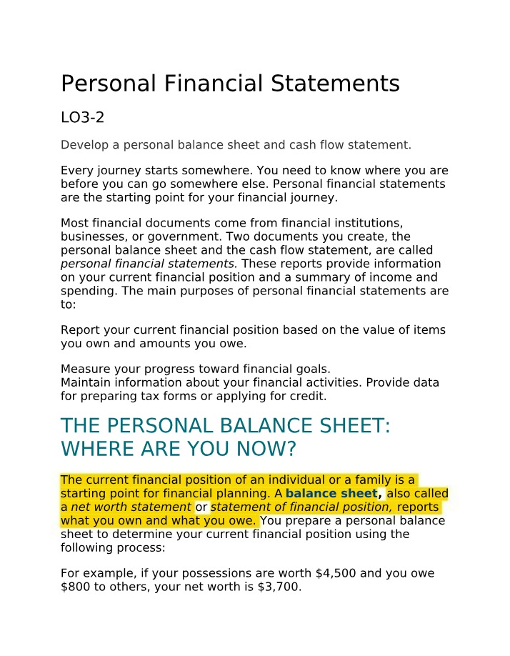Personal Finance Statements