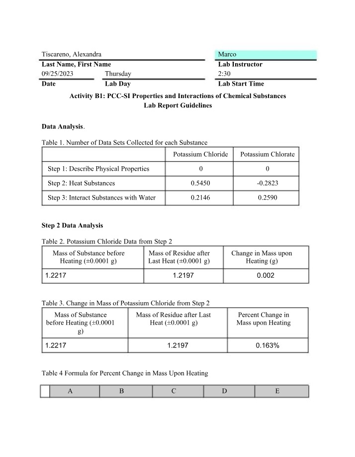 Lab Report for Properties and Interactions of Chemical Substances