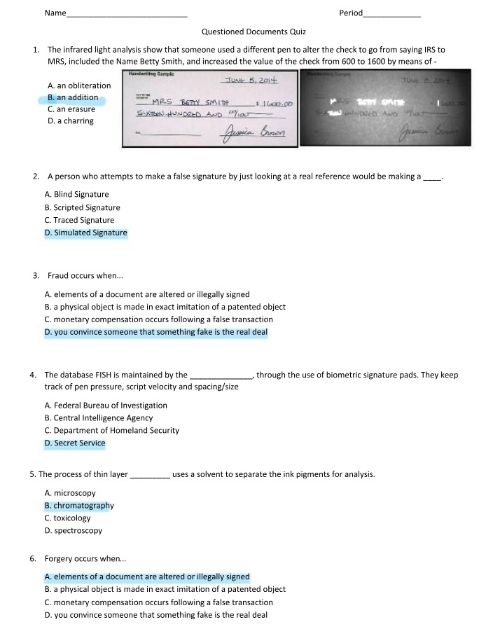 Quiz on Ink Analysis, Signatures, Forgery, and Questioned Documents