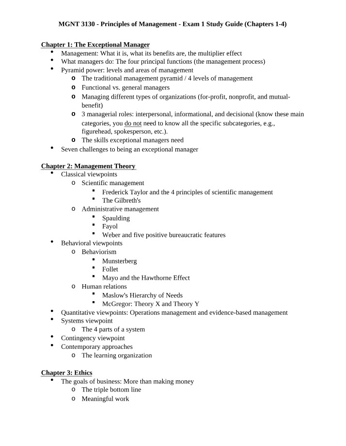 Exam 1 Study Guide for MGNT 3130 (Chapters 1-4)