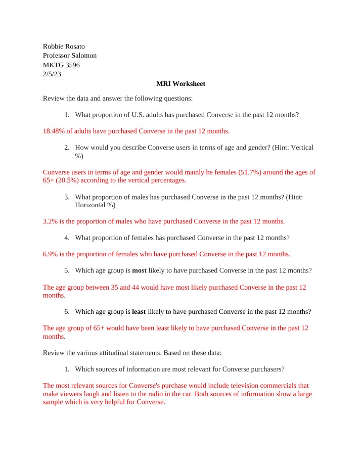 Worksheet on MRI