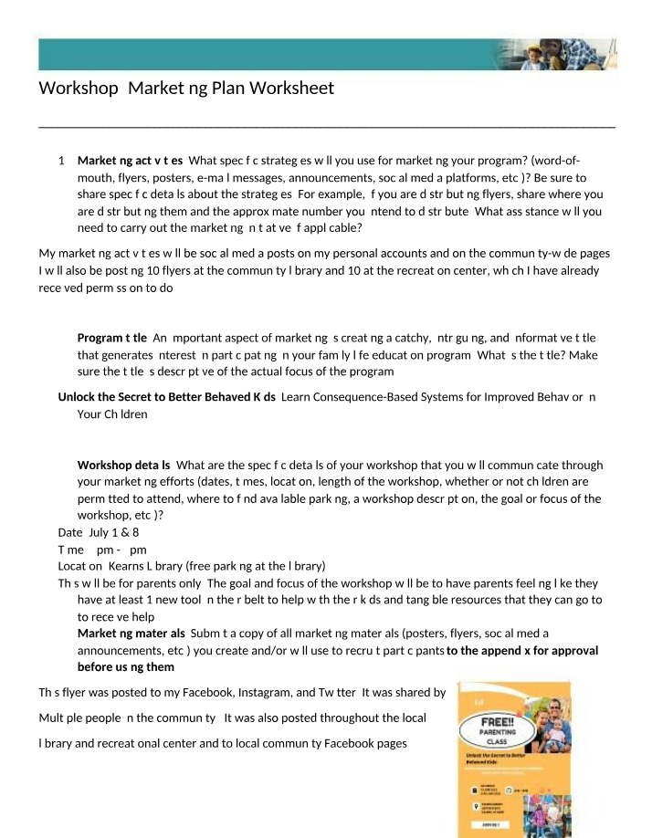 Worksheet for Marketing Plan
