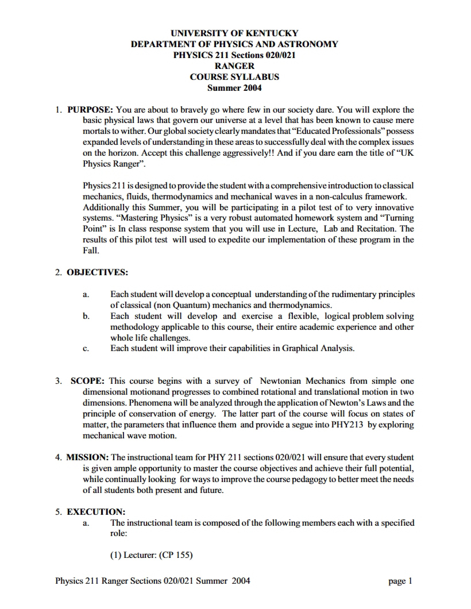 Ranger Course Syllabus (Sections 020-021)