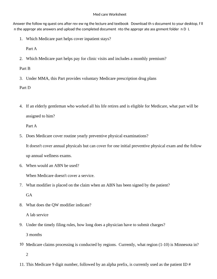 Worksheet on Medicare
