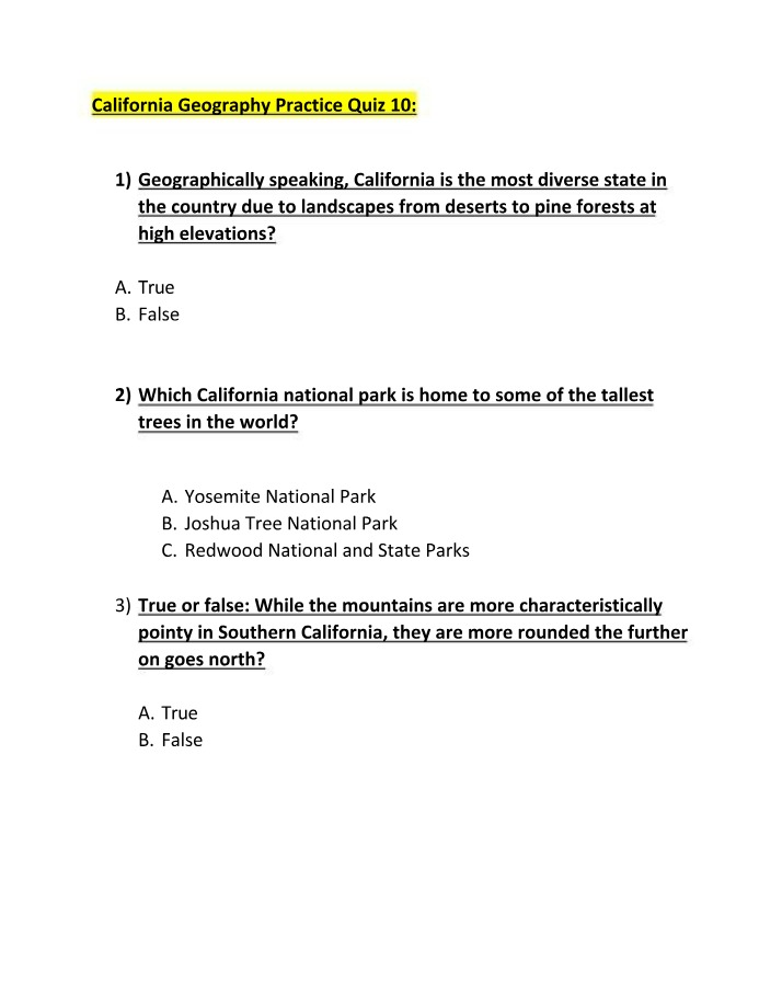 Practice Quiz 10 for California Geography
