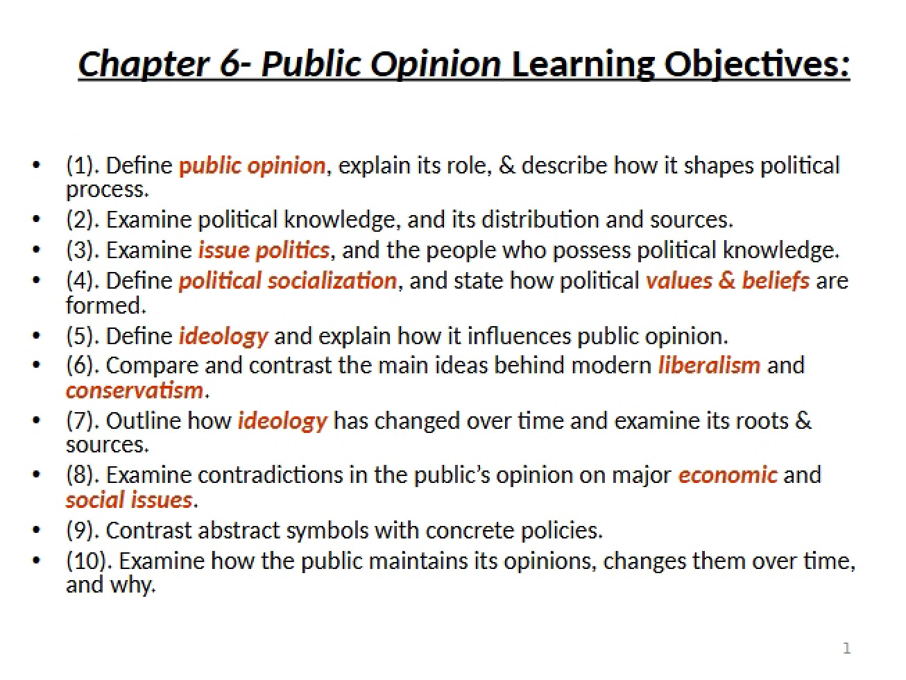 Learning Objectives Public Opinion (Ch 6)