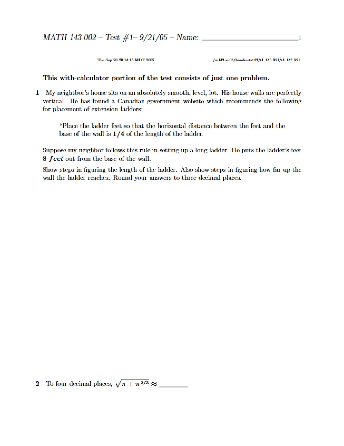 First Examination for College Algebra
