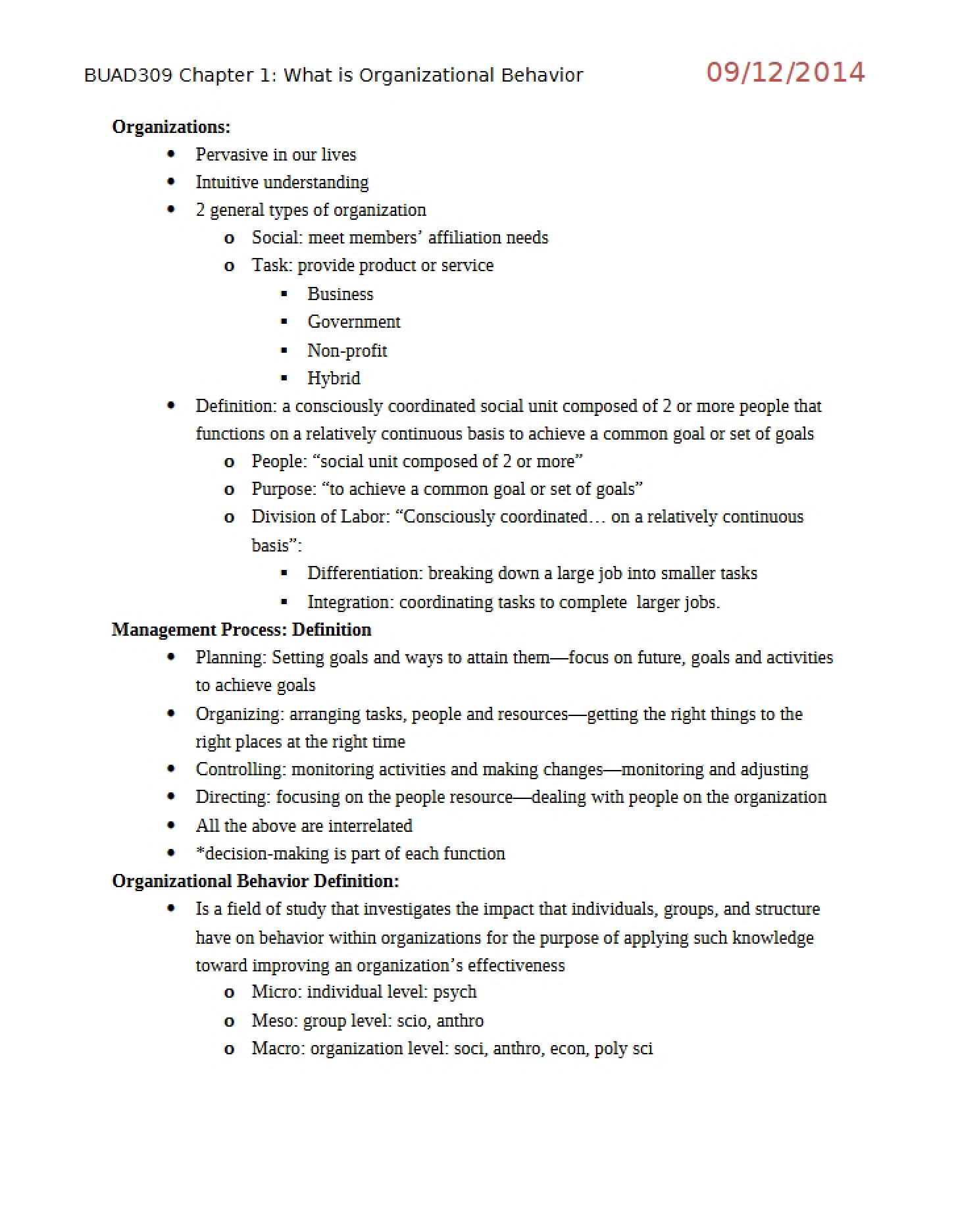 Organizational Behavior Definition (Ch 1)