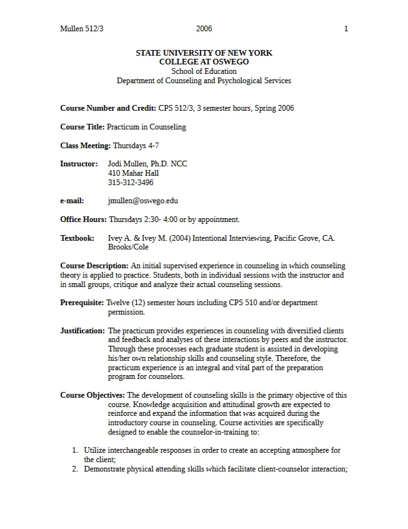 Syllabus for a Practicum in Counseling