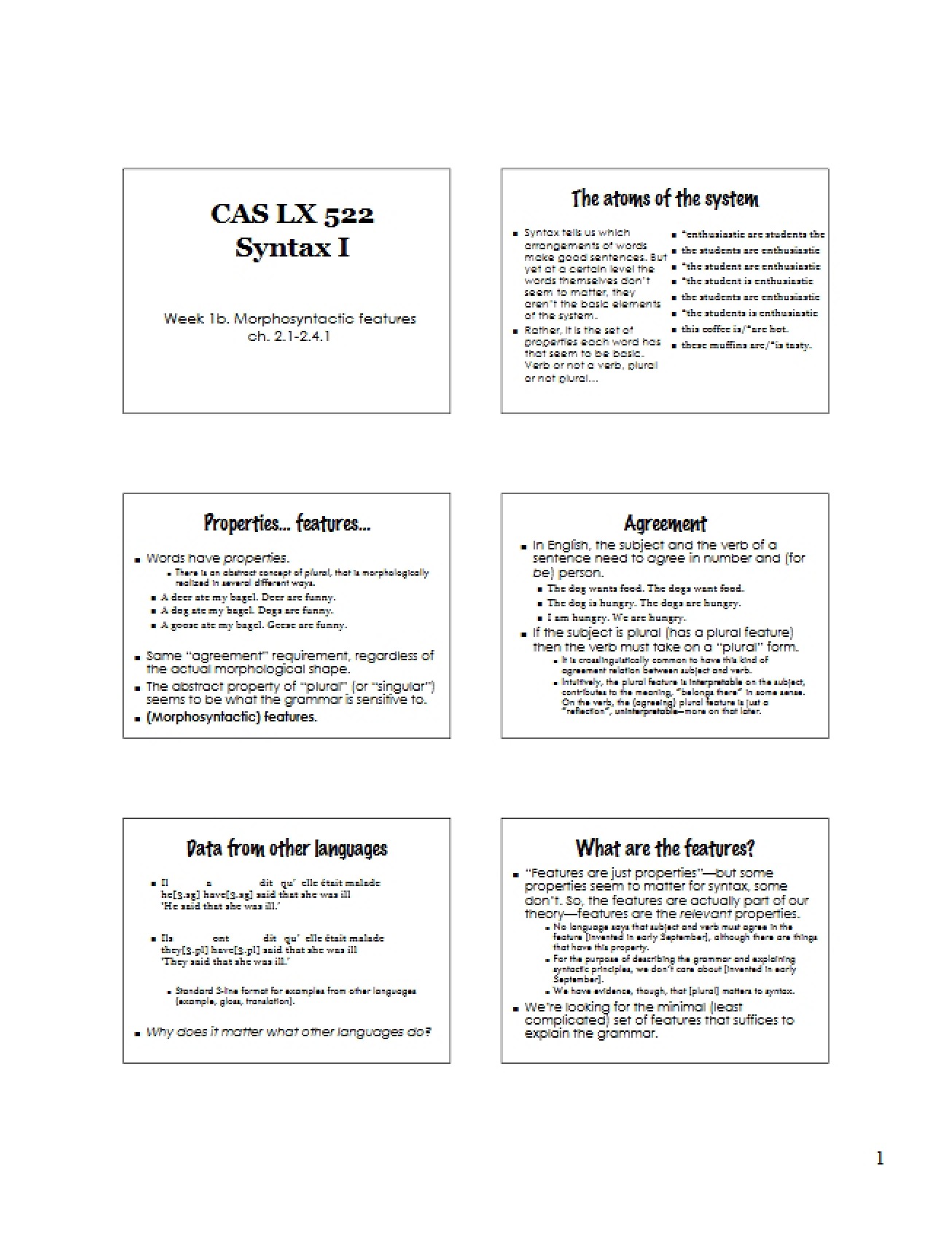 Morphosyntactic Features (Week 1b)