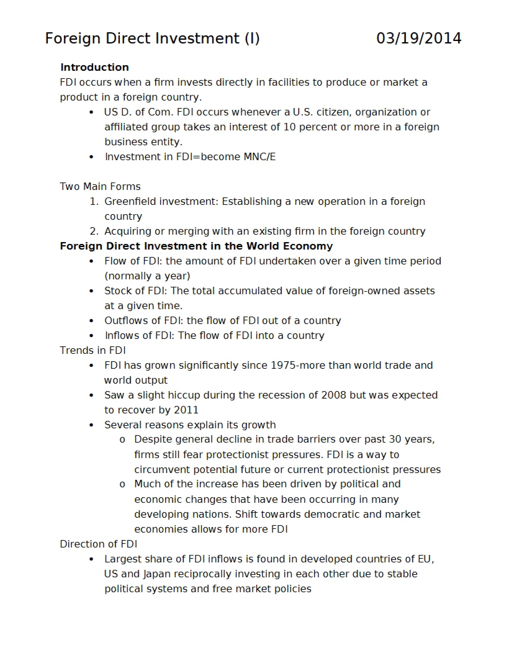 Investment Foreign Direct (Part I)