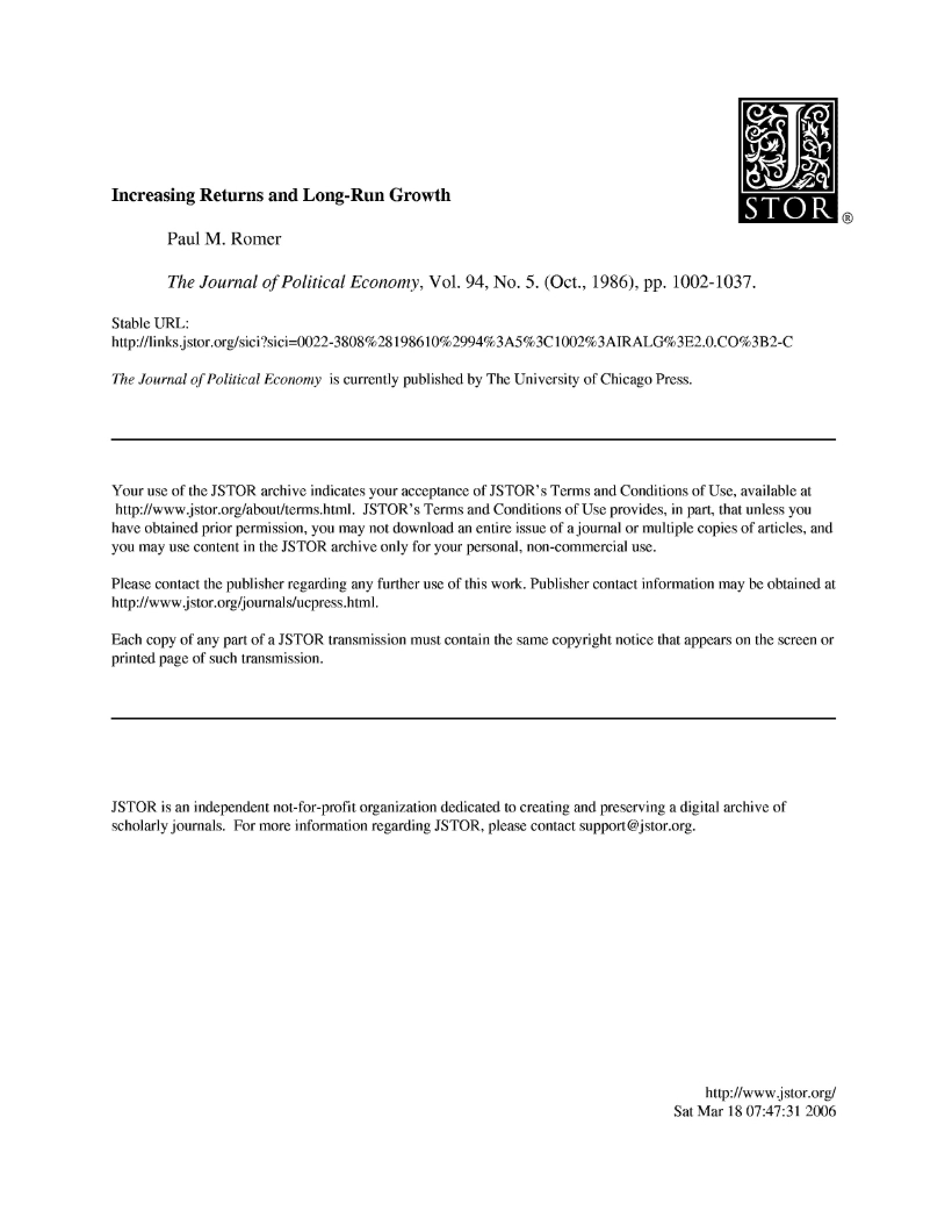 Long-Run Growth and Increasing Returns