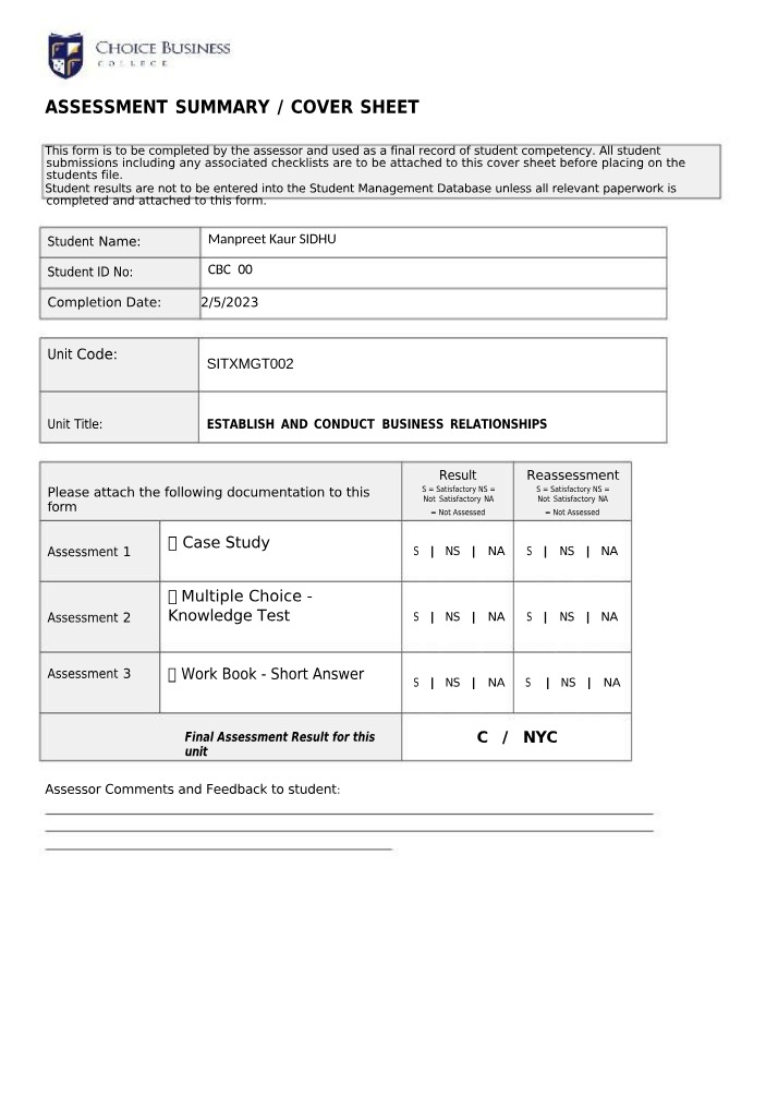 Assessment Summary - Establish and Conduct Business Relationships