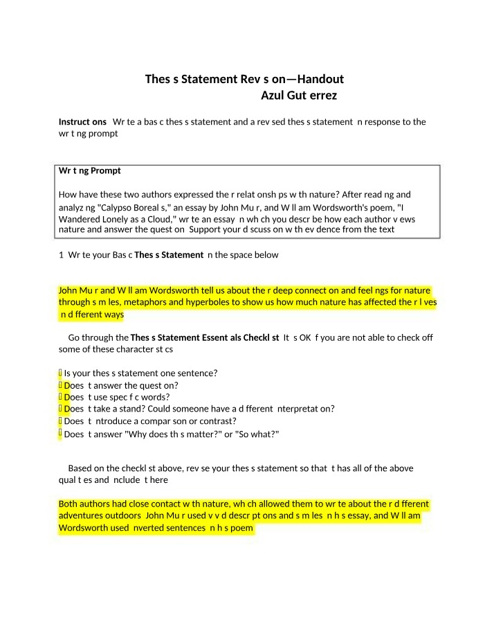 Thesis Statement Revision - A Handout