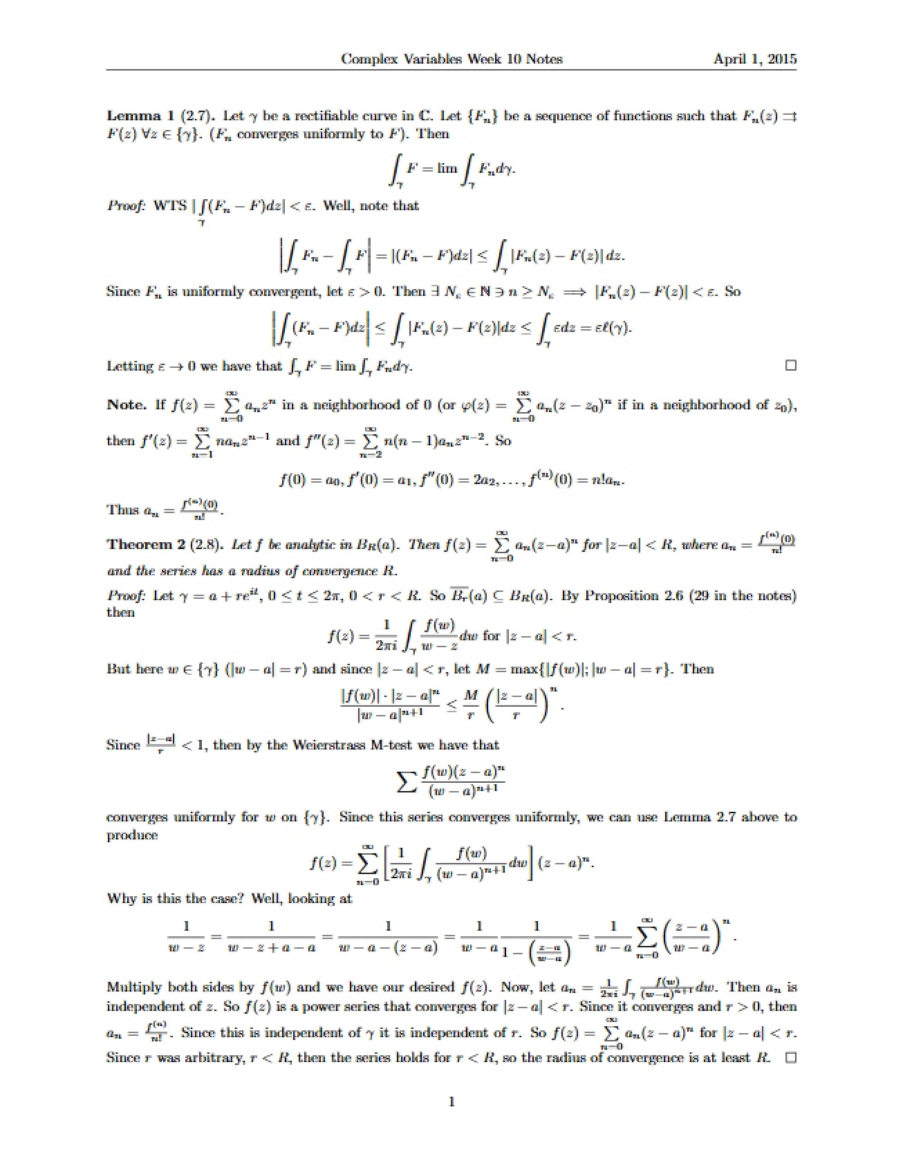 Complex Variables Week 10 Notes