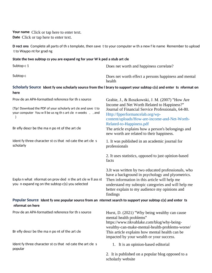 Exploring Scholarly and Popular Sources - Week 2 Template