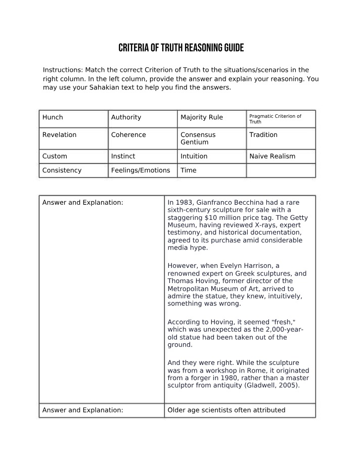 Practice on Criteria of Truth