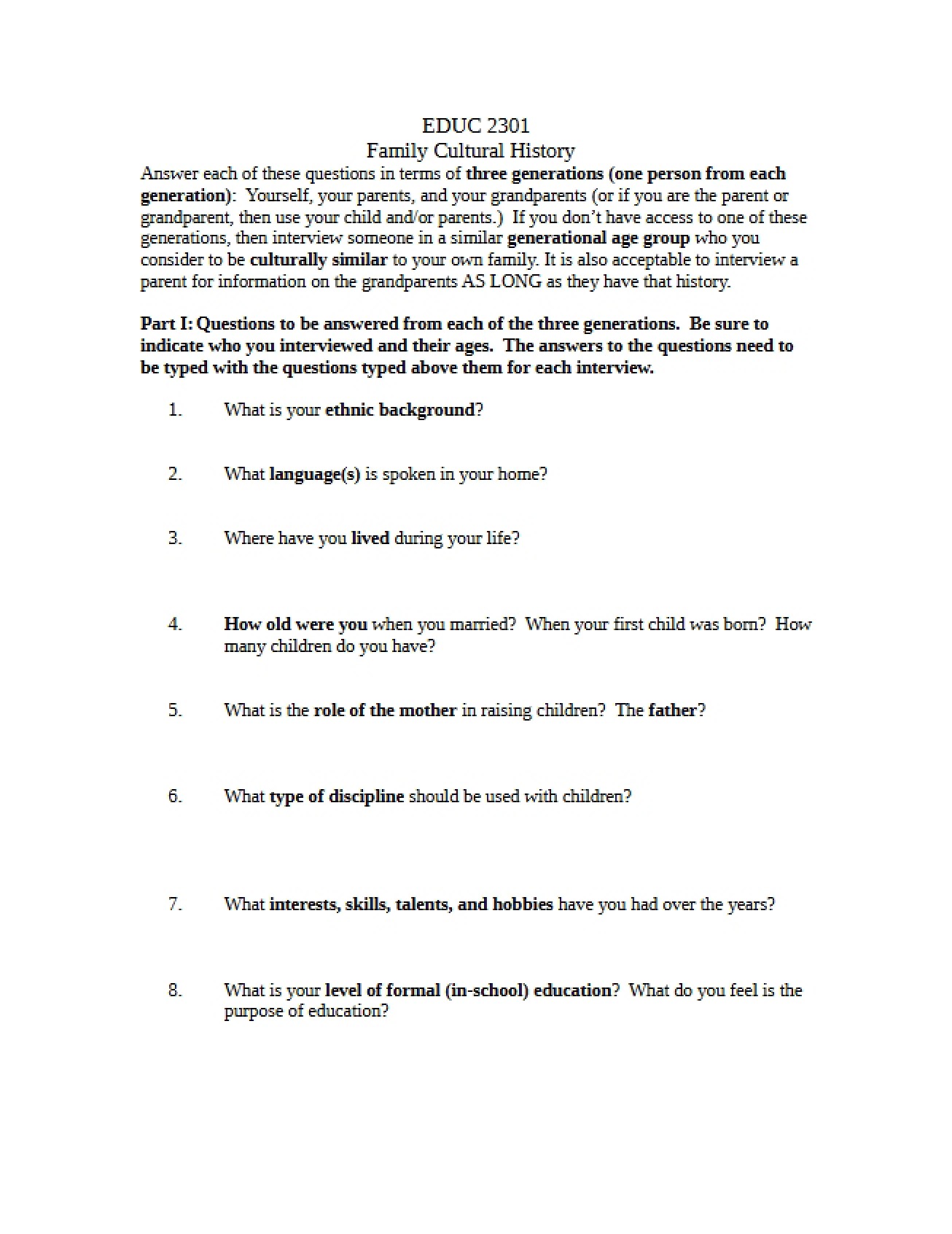 Family Cultural History Assignment