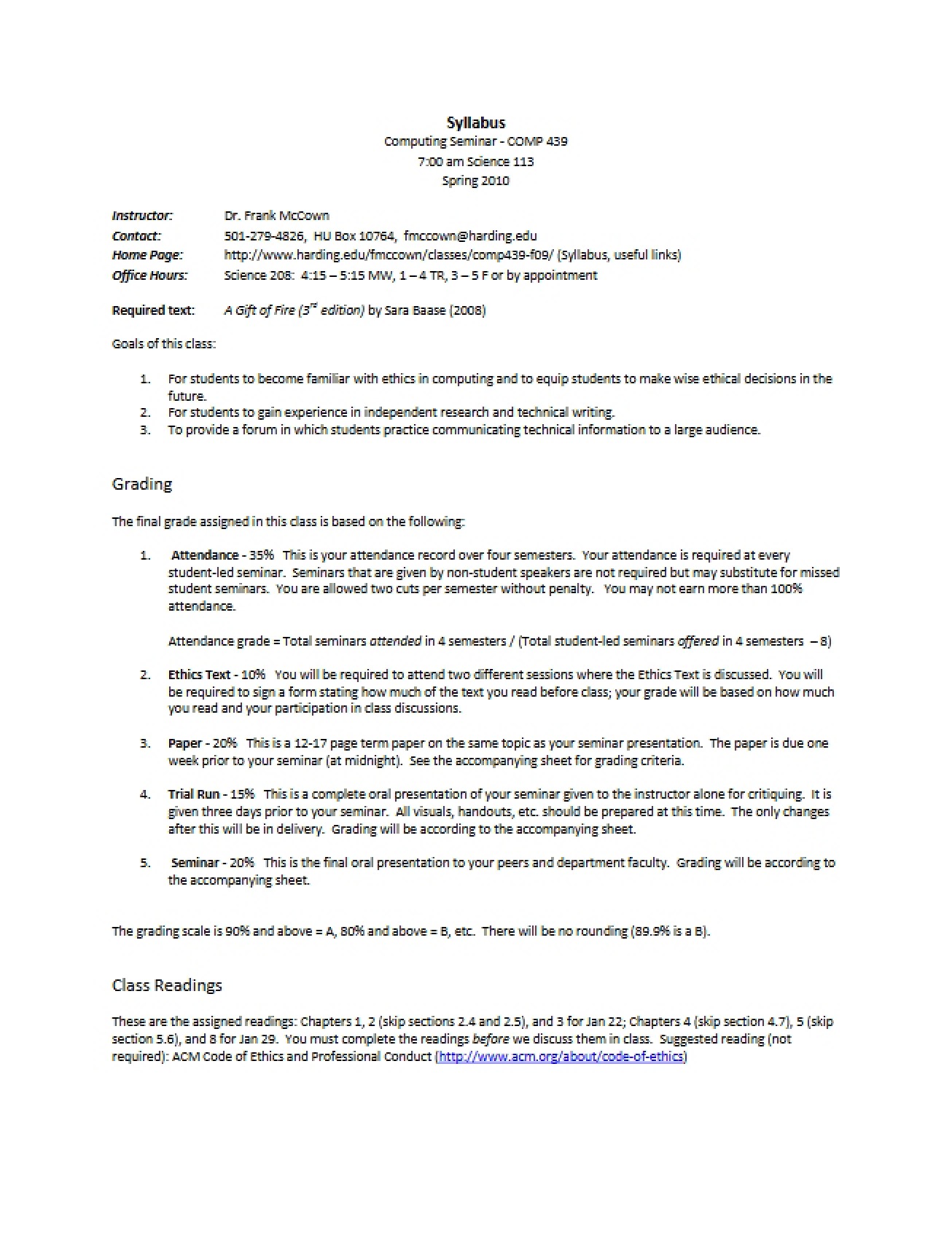 Syllabus for the Computing Seminar Course