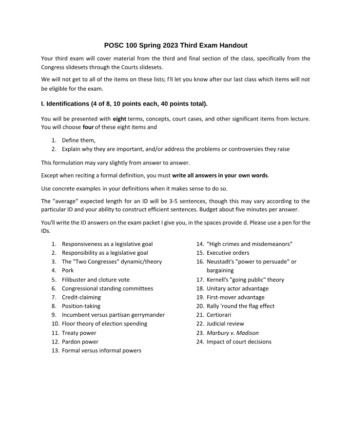 Third Exam Handout - POSC 100 Spring 2023
