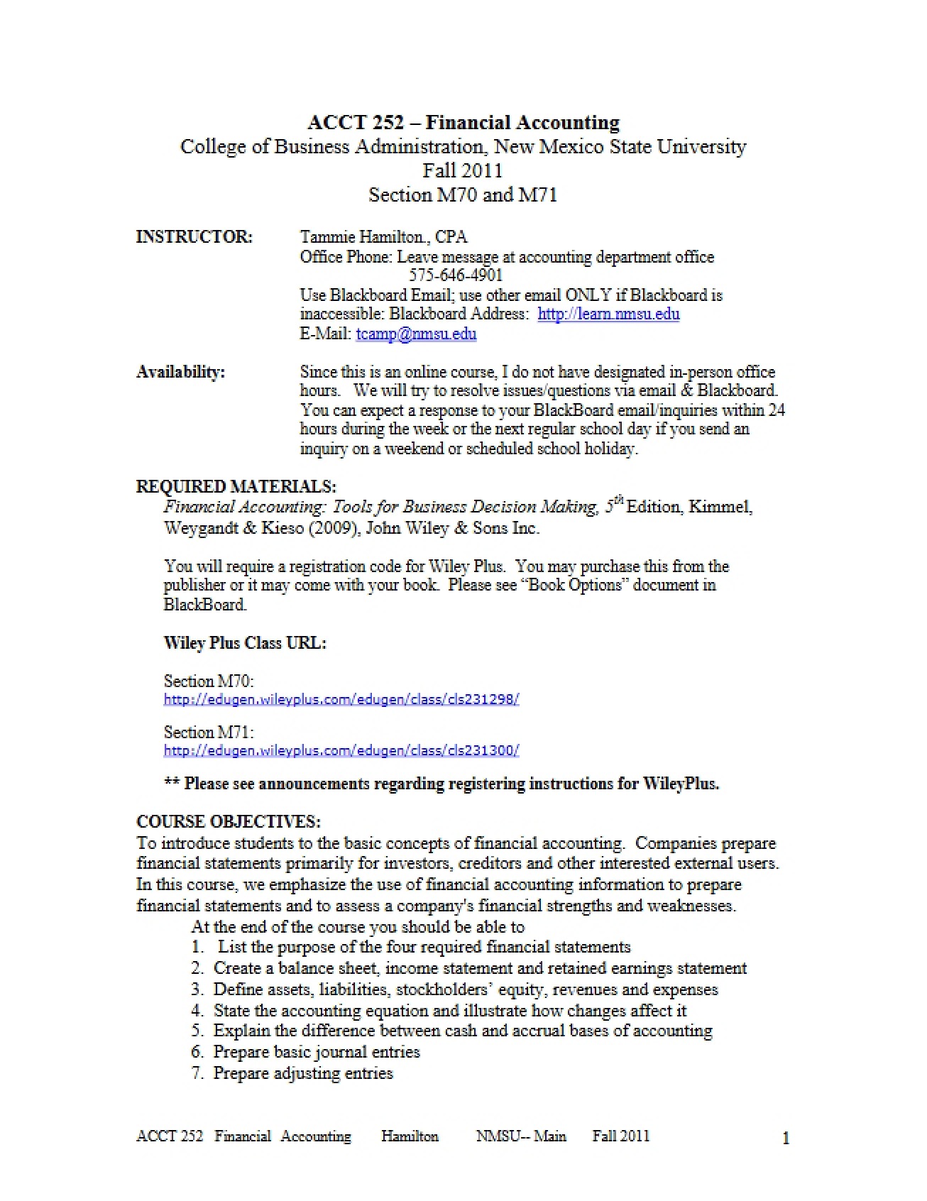 Syllabus for the Financial Accounting Course
