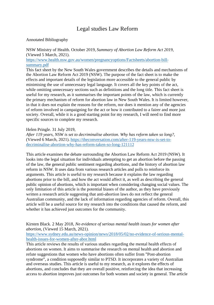 Annotated Bibliography for Legal Studies Law Reform