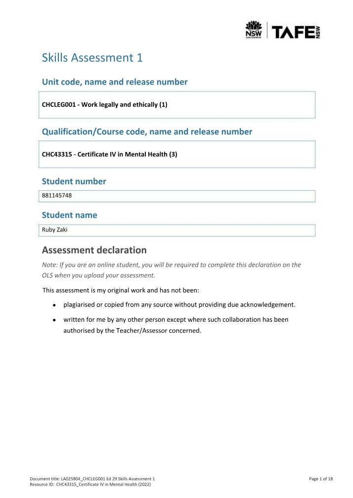 CHCLEG001 Skills Assessment 1 Version D