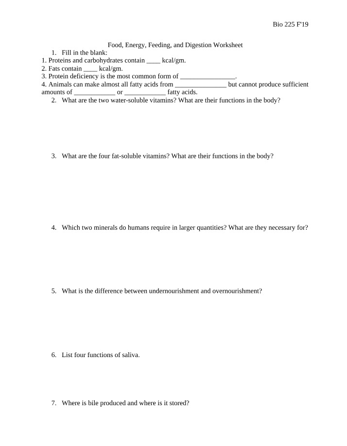 Worksheet on Food, Energy, Feeding, and Digestion