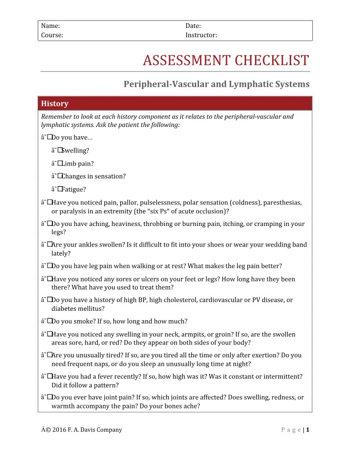 Peripheral-Vascular and Lymphatic Assessment Checklist