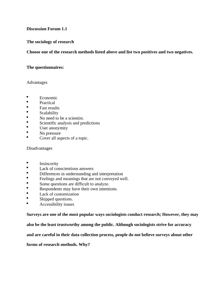 Sociology of Research - Pros and Cons of Questionnaires
