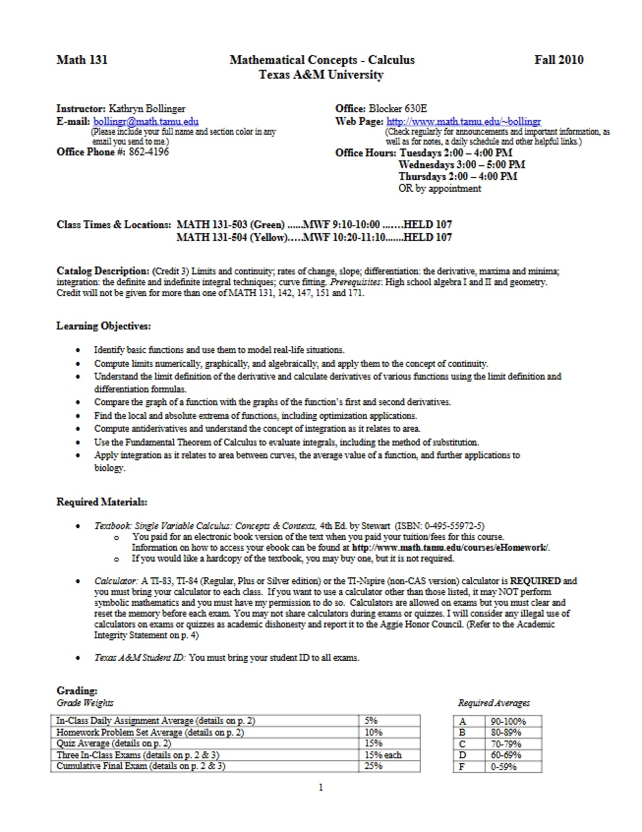 Fall 2010 Syllabus for Math 131