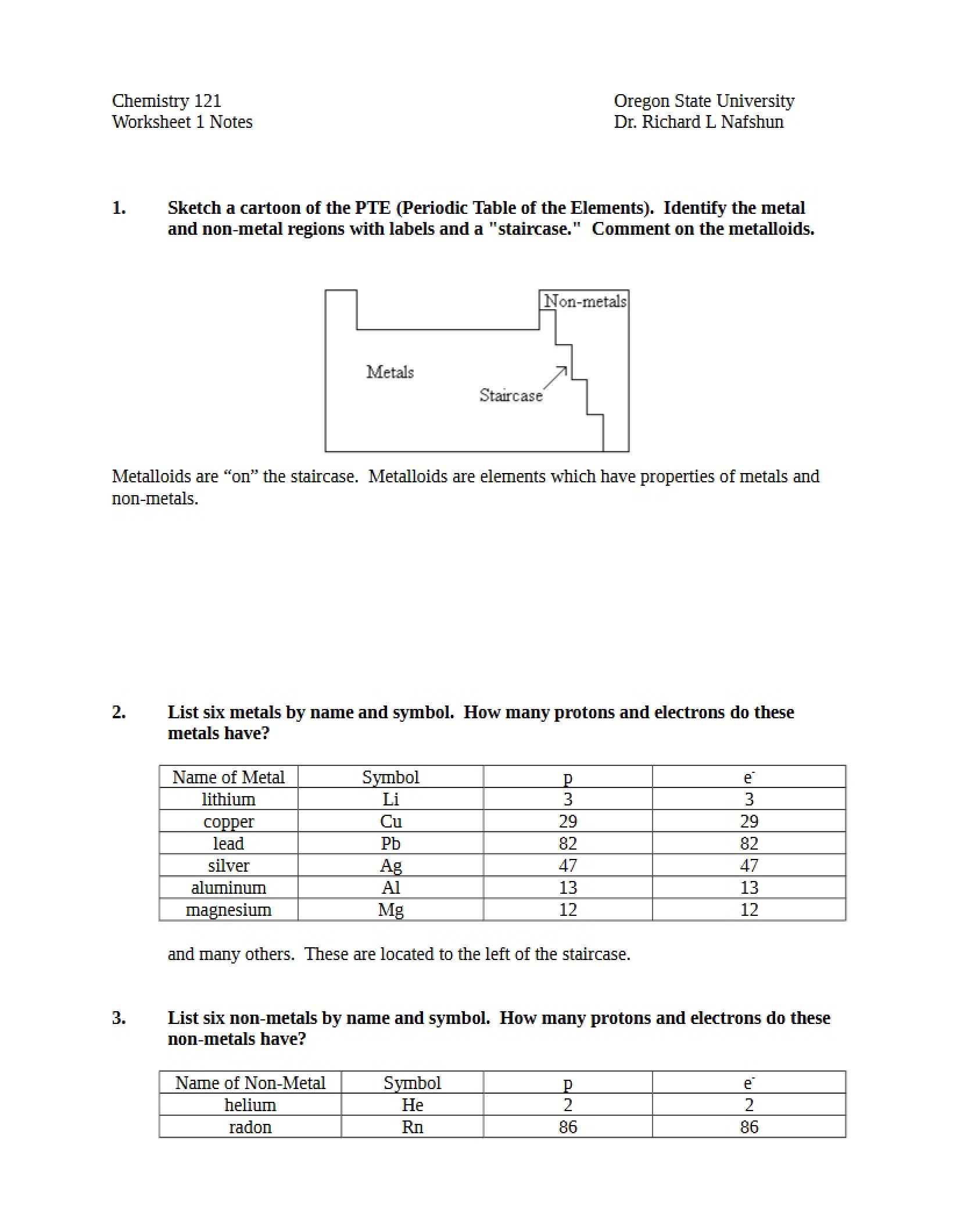 Notes for Worksheet 1 (Chemistry 121)
