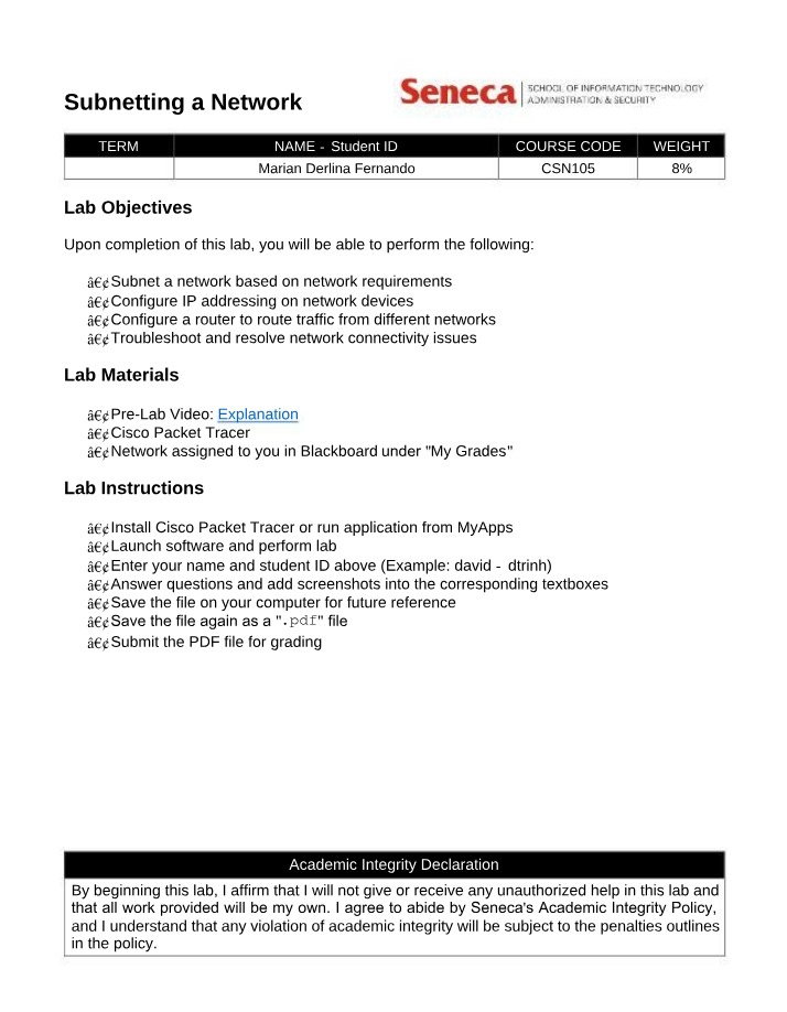IP Addressing and Network Subnetting Configuration