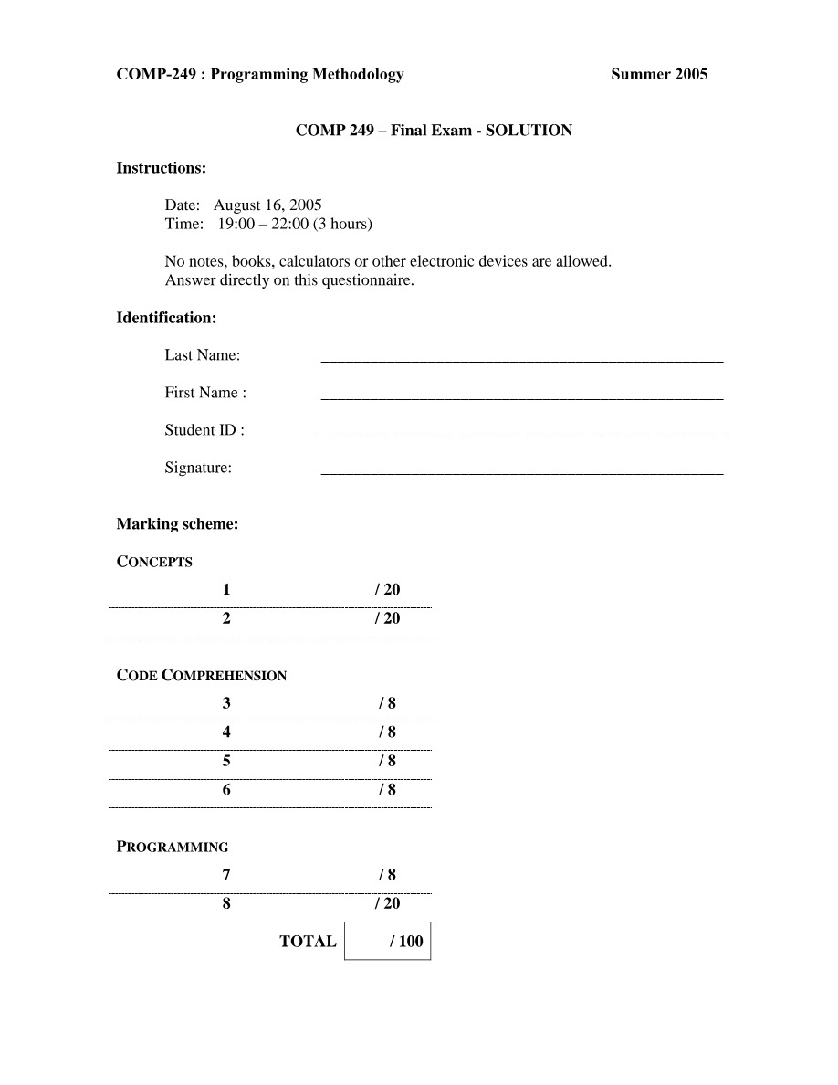 Solution for COMP 249 Programming Methodology Final Exam