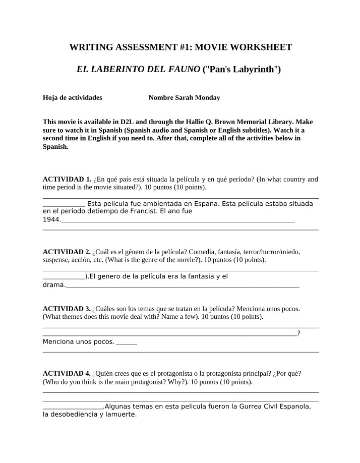 Worksheet for Pan's Labyrinth Movie