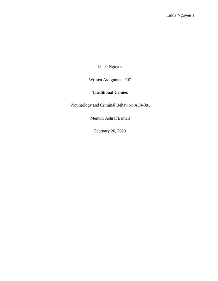 Traditional Crimes and Criminal Behavior - Assignment 07