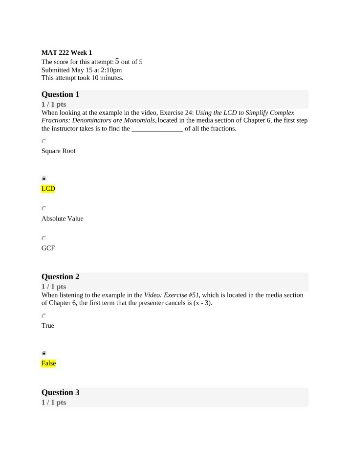 Week 1 Quiz - MAT 222