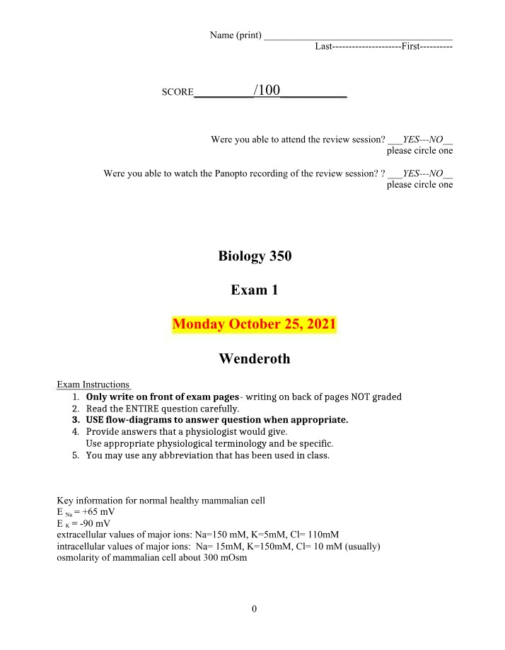 Biology 350 - Exam 1 Review Session and Exam Attendance