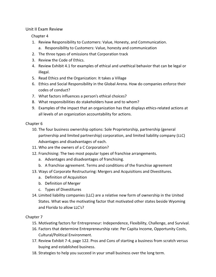 Review for Unit II Exam
