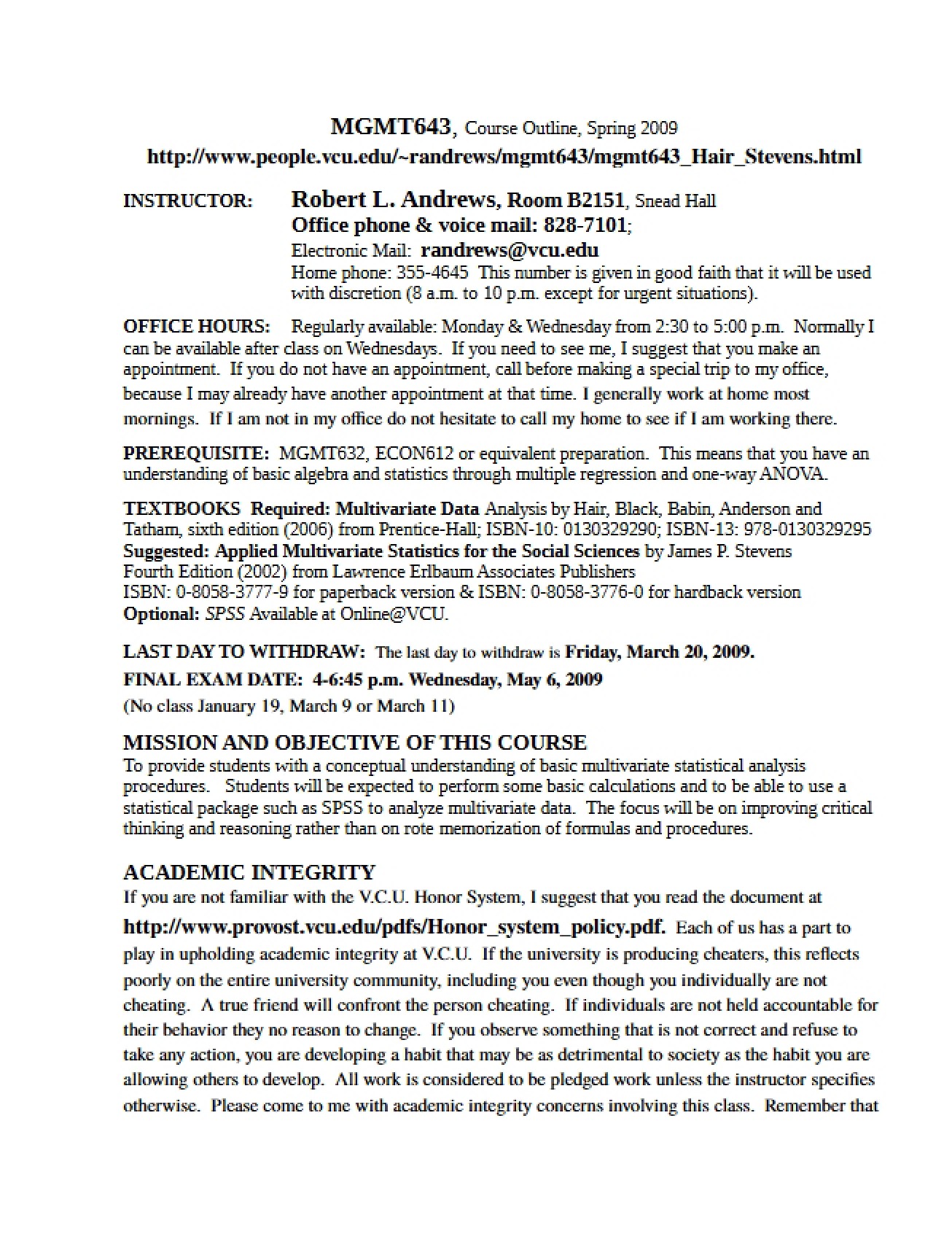 Syllabus for MGMT 643 - 4 Pages